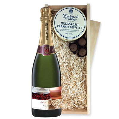 Personalised Champagne - Wedding Cake Label And Milk Sea Salt Charbonnel Chocolates Box
